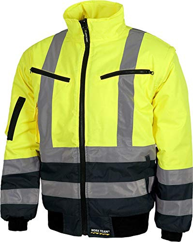 WORKTEAM Cazadora Piloto Alta Visibilidad, Impermeable, Acolchada con Mangas Desmontables, Cintas Reflectantes, Protección Contra Frío, Clase 2, Unisex Amarillo A.V.+Marino M