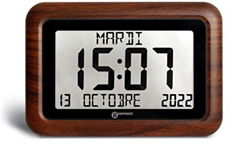 Kalenderuhr - Geemarc Viso10 mit automatischer Zeiteinstellung und großen Buchstaben - Für Menschen, die mit Alzheimer leben - Batteriebetrieben - Ohne Hintergrundbeleuchtung - Version DE - Holzeffekt