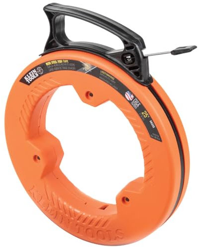 KLEIN TOOLS 56335 Flat Steel Electrical Fish Tape, 25-Foot 1/4-Inch Wide Spring Steel Tape, Slim Plastic Tip, Laser Etched 1-Foot Markings