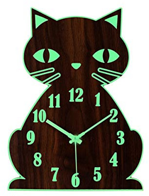 Topkey Leuchtende Nicht tickende leise Wanduhr Tierdesign Uhr für Kind, batteriebetrieben (Nicht im Lieferumfang enthalten) - Süße Katze braun