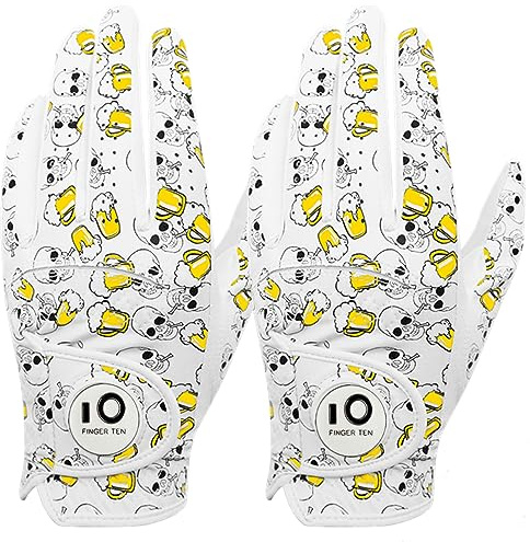 FINGER TEN Golf Gloves Men Left Hand Cabretta Leather with Ball Marker All Weather Soft Relaxgrip Value 2 Pack, Mens Golf Glove Wear Resistant Stable-Grip for Perfect Swing (Brown, M)