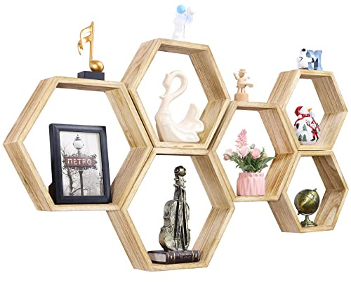 NOVIMANGO Lot de 6 étagères hexagonales flottantes en bois à fixation murale pour chambre d'enfant, chambre à coucher, salon