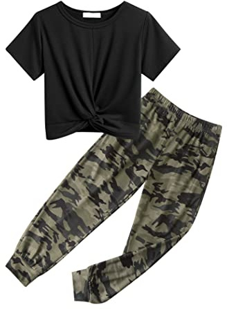 Arshiner Girls Casual Twist Front Black Tops and Camouflage Pants Outfit Sets 8 to 9 Years