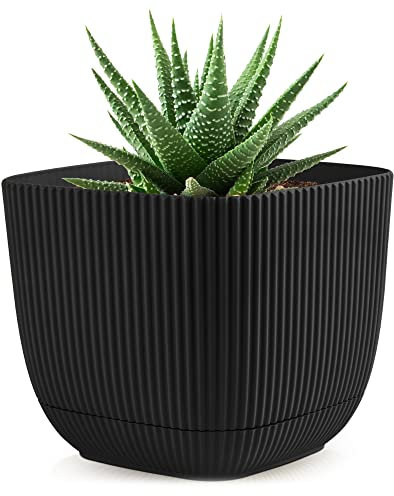 Konzept 11 - Blumentopf klein 0,68 l mit Unterzetzer, quadratischer Übertopf 11 x 11 cm, Pflanzentopf für Zimmerpflanzen aus Kunststoff, Grau