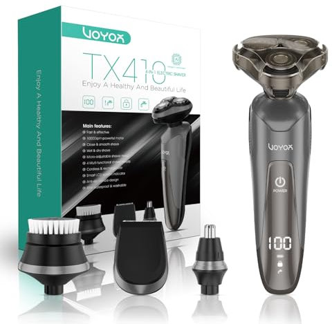 VOYOR Rasierer Herren Elektrisch Nass und Trockenrasierer Wiederaufladbarer Elektrorasierer mit LCD-Display und Reiseverriegelung Rotationsrasierer TX410 (Grau)