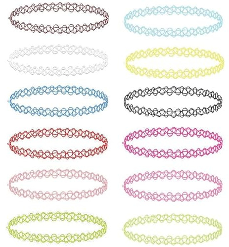 12 Pièces Ensemble Ras Du Tatouage, Accessoires Des Années 90, Bijoux Rétro Des Années 80 Des Années 2000, Multicolores Taille Unique, Pour Femmes Adolescentes, Ras De Cou Extensibles Multicolores