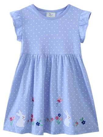 PythJooh Toddler Girl Rabbit Dress Little Kid Short Sleeve Polka Dots Cotton Dress with Flowers Rabbits Embroideries for 2-7Years Blue