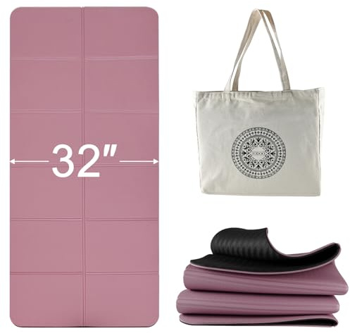 Tappetino da Yoga Pieghevole, 183 x 81cm Tappetino Palestra, Tappetino Yoga Antiscivolo per Viaggio, Tappetino Pilates in TPE con Borsa per il Trasporto in Tela (Nero Rosa)