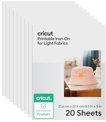 Cricut Papel de Transferencia para Tejidos Claros - 20 Hojas A4 - Vinilo Textil Imprimible para Impresoras de Inyección de Tinta - Sin Espejo - Aguaresistente - Compatible con Cricut