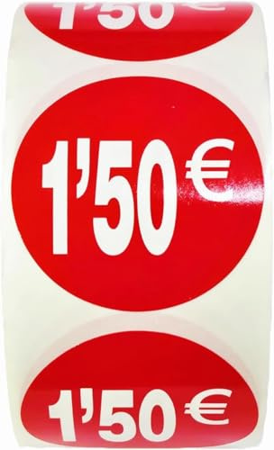 3 rollos de etiquetas de precio '1.5€' para productos rebajados | 1.500 pegatinas autoadhesivas de descuento en color rojo brillante | Pegatinas redondas para etiquetar ofertas de Ø35 mm (1.5€ -3)