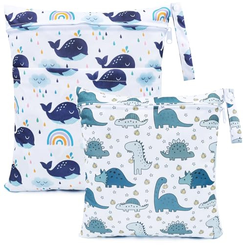 FenFang Wetbag, 2 PCS Borsa per Pannolini Impermeabile Riutilizzabile Lavabile Organizzatore Neonato Sacchetto del Pannolino con Doppia Cerniera per Viaggi Spiaggia Gym (Verde e Blu)
