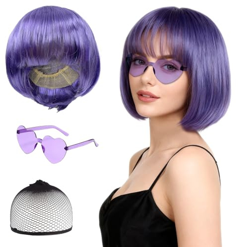 FUIPVGI Lila Bob Perücke und Sonnenbrillen Set, Synthetische Gerade Kurze Bob Perücken mit Pony, Sonnenbrille und Perückenkappe für Frauen Mädchen für Halloween Cosplay (Lila)