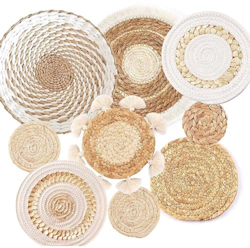 Comphic Décor Mural Boho Tissé, 9 Pack Boho Wall Panier Set, Ormeau de Rotin de Rotin de Panier Mural Suspendu.