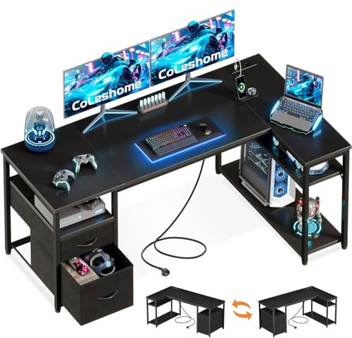 Coleshome Gaming Eckschreibtisch mit 2 Schubladen, 160×80 cm, Schwarz