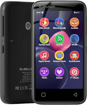 96GB MP3-Player mit Bluetooth 5.0 und WLAN, Musikplayer mit Spotify, Audible, Amazon Music, Spotify Kids, 4-Zoll-Touchscreen Android MP4-Player mit HiFi-Klang, UKW-Radio (Glänzend Schwarz)