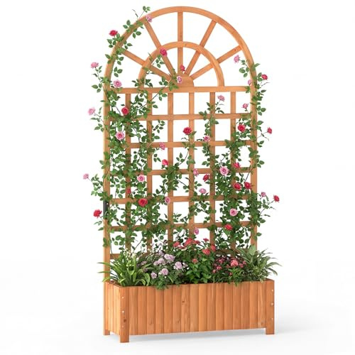 COSTWAY Jardinera con Enrejado de Madera, Jardinera con Celosía y Agujeros de Drenaje, Macetero Elevado para Plantas Trepadoras, Flores, Verduras, Patio, Jardín, Terreza (Marrón,91x30x182 cm)