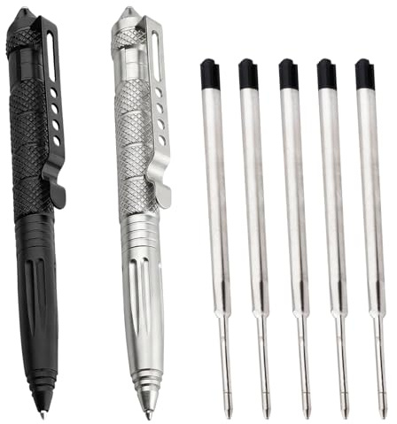 Lufdegim 2 stycken taktisk penna med 5 bläck påfyllningar, multiverktyg taktisk kulspetspenna utomhus överlevnadsgadget, för att skriva, gåva och specialverktyg, svart (svart + silver)