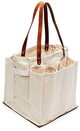 CapaBunga Farmer's Market Tote Shopping Bags with Handles - 7 Pocket Large Utility Tote Bag - Heavy Duty Canvas Utility Bag with Vegan Leather Base - Reusable Tote Bag - Natural Grocery Bag
