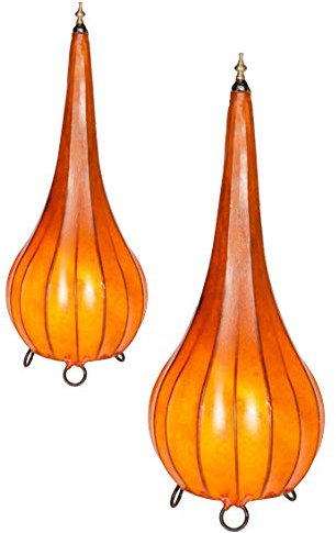 2er SET Orientalische Tischlampe Roana 50cm Lederlampe Hennalampe Lampe | Marokkanische kleine Nachttischlampe aus Metall Lampenschirm aus Leder | Zwei Tischlampen Farbe Orange