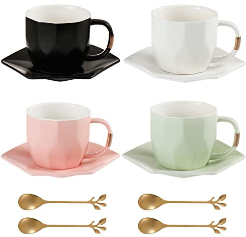 All-Pie 240ml Ceramics Coffee Cups and Saucers of 4 Sets,Golden Spoon,for Cappuccino, Latte, Mocha, Modern Design (Black+White+Pink+Green)