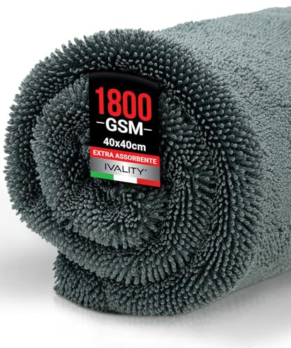 Ivality Panno Microfibra Auto Piccolo 40x40 cm – 1800 g/m² Panno in Microfibra Ultra Assorbente per Auto e Moto, Vetri, Senza Pelucchi e Delicato sulla Vernice, Panni Asciugatura Twisted, Grigio