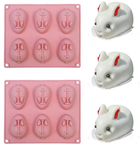 Bunny Shaped Silicone Mould, 2 Pack of 3D Easter Rabbit Chocolate Molds for Baking Bunny Cake Mousse Candy Chocolate Cover Jelly, 6- Cavity