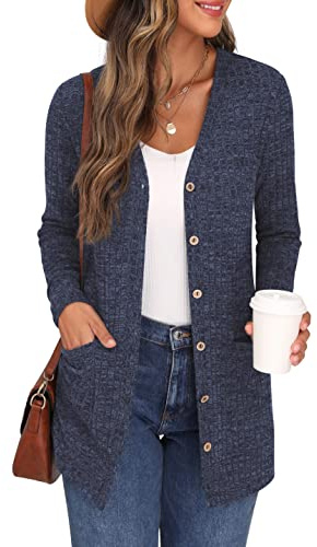 GRECERELLE Womens Cardigan Long Sleeve Open Front Cardigans Button Down V Neck Ribbed Knit Lightweight Outerwear with Pocket