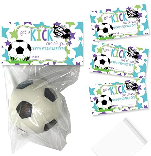 Amanda Creation Pastel I Get A Kick Out Of You Soccer Girl Themed Happy Valentine's Day Bag Toppers for Party Favor Treat Bags, Set of 20 Bag Toppers With 20 Self-Adhesive Bags Also Included