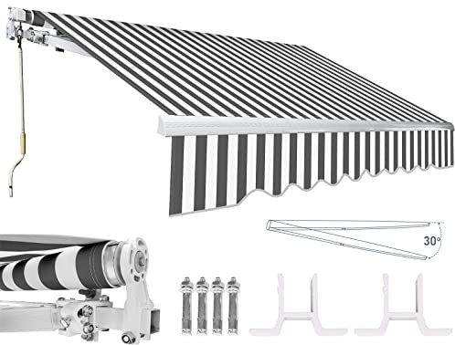 Izrielar Store Banne Manuel Rétractable 250/300/350cm Store Balcon Protection Solaire Store avec manivelle UV résistant à l'eau étanche Store articulé - Gris Blanc 350 x 300 cm
