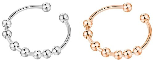 2 Stück Anxiety Spinner Ring, Verstellbar Anti-Stress Mit Perlen, Schmuck Geschenke für Damen und Mädchen (Silber und Roségold)