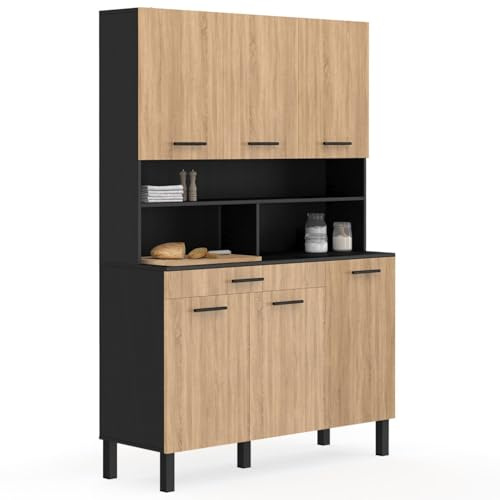 IDMarket - Buffet de Cuisine 120 CM CINA 6 Portes + tiroir Noir et façon hêtre