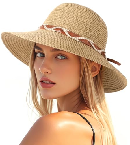 Womens Beach Sun Straw Hat - UV Protection UPF 50+ Sun Hats for Women with Wide Brim, Foldable Floppy Straw Beach Hat for Women
