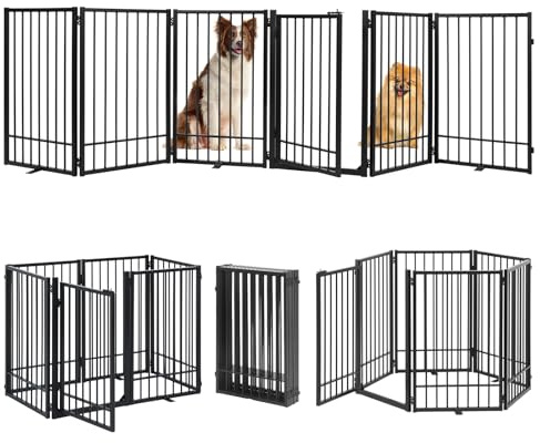 HIDOG Metal Freestanding Dog Gate with Door, Extra Wide 307 cm, Height 78 cm Foldable Dog Gates for Doorways, Tall Dog Fence Indoor Outdoor Pet Gates, 6 Panels Pet Barrier for Stairs Hallways, Black
