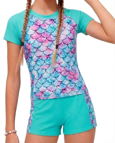 JiAmy Girls Swimming Costume Kids Two Piece Short Sleeve Swimsuit UV Sun Protection Swimwear Summer Beach Bathing Suit Blue Mermaid 7-8 Years