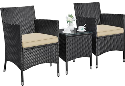 Yaheetech Set Mobili da Giardino 2 Poltrone e 1 Tavolino in Rattan PE Impermeabile per Esterno con Cuscini Nero/Khaki