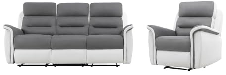 LOUNGITUDE RELAXXO - Pack - Ensemble de Canapés Relaxation Manuel 3 Places et 1 Fauteuil LÉON - Blanc/Gris