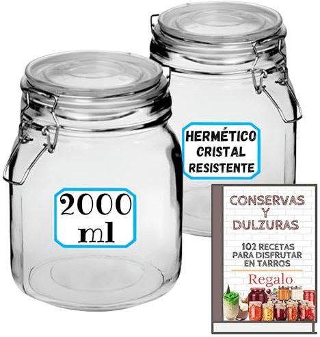 4 Tarros de Cristal Herméticos 2000 ml – Tarros herméticos de Almacenamiento para Alimentos, Conservación Fresca y Organizada - Incluye Etiquetas + Ebook de 102 Recetas (2 litros)