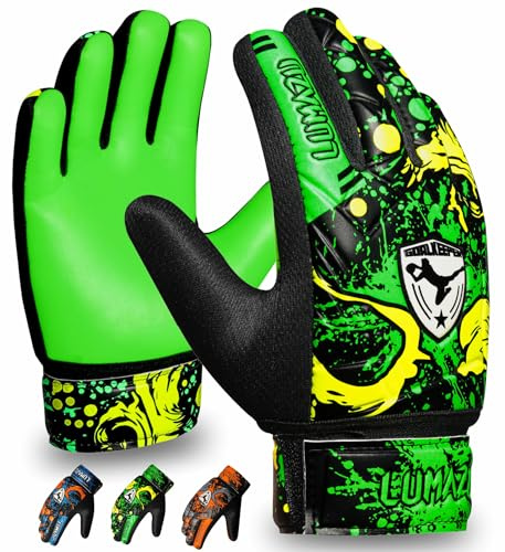 LUMAZU Guantes de portero de fútbol juvenil para niños y adultos (verde, talla 5 adecuada para niños de 9 a 12 años)
