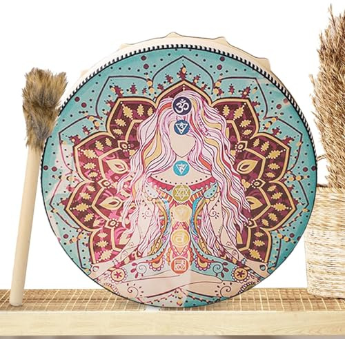Shamanisk handtrumma - traditionell indiansk trumma i PU-läder, ceremonitrumma med trummis | Autentiskt verktyg för andlig musik, handgjord rund trumma för Chama-ritualer