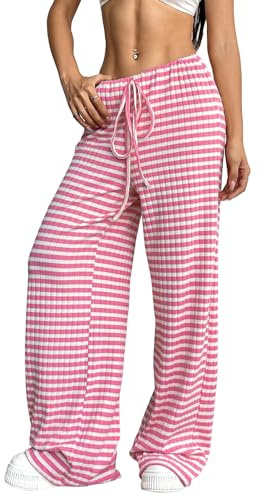 Akiooue Pink Loose Floaty Wide Leg Baggy Striped Trousers for Women UK
