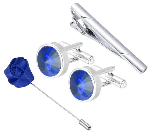 PATIKIL Juego De Gemelos Clip Para Corbata Y Alfiler De Solapa Con Piedras De Estrás En Forma Redonda Y Caja De Regalo Para Hombre Para Bodas Negocios Padre Esposo Regalo(Serie Azul)