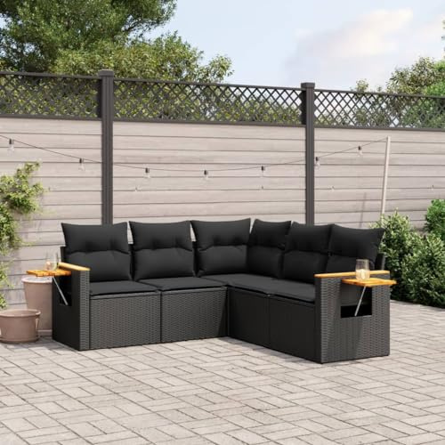 QJBSAVVA 5-TLG Juego de muebles de jardín de polirratán negro, sofá de esquina, reposabrazos plegable, madera de acacia, 62 x 62 cm, grupo de asientos para exteriores, balcón, terraza, para pequeños