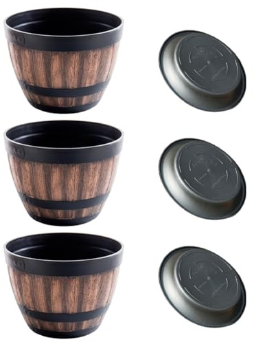 Gosera Pots de Fleurs, Pots de Fleurs en Tonneau de Whisky, Pots de Fleurs en Plastique Imitation Tonneau de Vin, pour Plantes de Jardin (3 Pièces), 30 cm