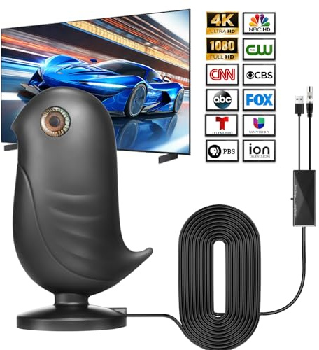 Antenna TV Interna Amplificata Potente, Antenna TV Portatile HDTV con Amplificatore di Segnale, Ricezione a Lungo Raggio 650km, 360° Copertura Totale, Supporto 4K 1080P DVB-T/T2 per Smart TV e Radio