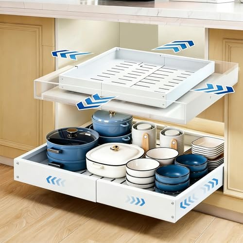RAXCO 4-Way Expandable Pull Out Cabinet Organiser (2 Pack), Width and Depth Adjustable Carbon Steel Sliding Drawer, No Drill Installlation, 3-Rail System for Kitchen, Bathroom, Pantry