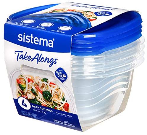 Sistema Takealongs 1,2 l Tiefe, quadratische Frischhaltedosen, 4 Stück, Transparent mit Blauem Deckel, 4 x 1,2 l