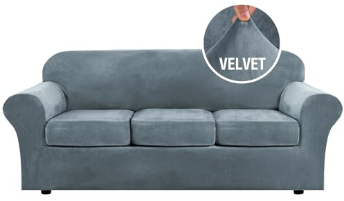 H.VERSAILTEX Modern Velvet Plush 4 Piece High Stretch Sofa Slipcover Sofa Cover Furniture Protector Form Fit Luxury Thick Velvet Sofa Cover for 3 Cushion Couch Width Up to 90 Inch (Sofa,Stone Blue)