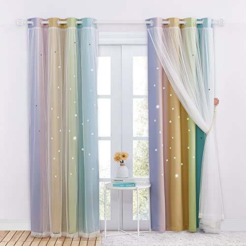 NICETOWN Mörkläggningsgardin - barngardin med vit skir gardin, ljus regnbågsdekoration, flerfärgade, perforerade stjärnor för barn, flickrum, 132 x 213 cm, set med 2