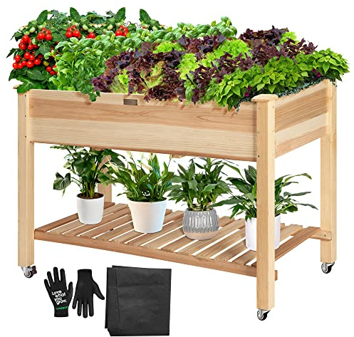 VIVOSUN Elevated Wooden Raised Garden Bed, 46 x 24 x 32 Inches, Mobile Outdoor Planter Box with Storage Shelf and Protective Liner for Outdoor Use, with Lockable Wheels
