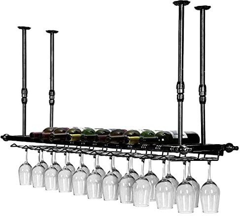 LYPGA Soporte para copas de vino, soporte para botellas de vino, soporte para botellas vintage, decoración de techo, ajustable, para cocina y bares, fijaciones incluidas (negro, 120 x 30 cm)